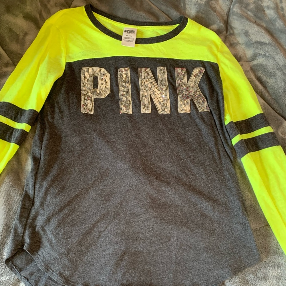 neon yellow and glittery “pink” shirt